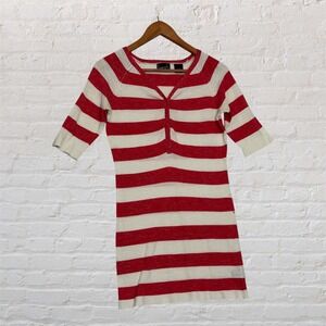 Kersh Red Cream Striped Knit V-Neck Button Front Tunic Medium